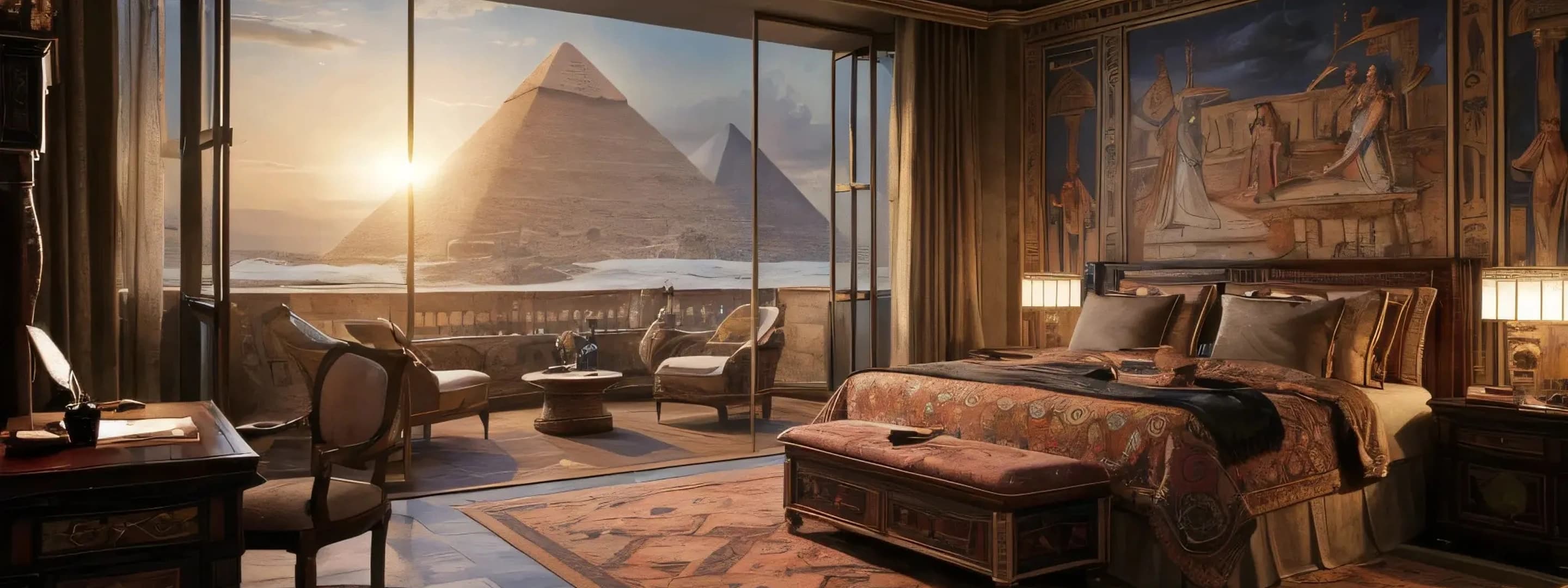 Luxury hotel room with view of Egyptian pyramids